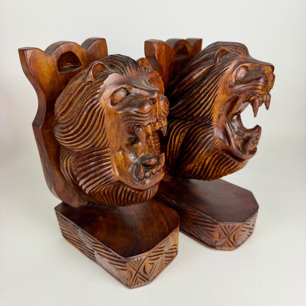 Hand Carved Wooden Lion Bookends Roaring Lion Head Heavy Vintage Safari Decor
